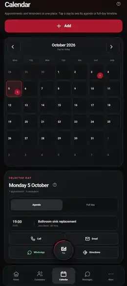 GetOnItEd Calendar screen showing month view, selected day agenda and quick contact actions