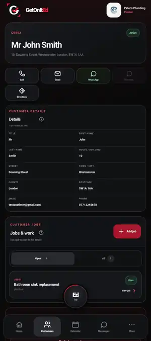 GetOnItEd customer detail screen showing contact actions, customer details and linked jobs