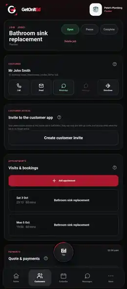 GetOnItEd job detail screen showing status, customer, customer app access and appointments