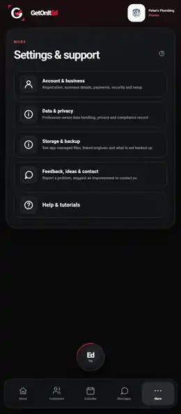 GetOnItEd Settings and Support screen showing account, privacy, storage, contact and help options